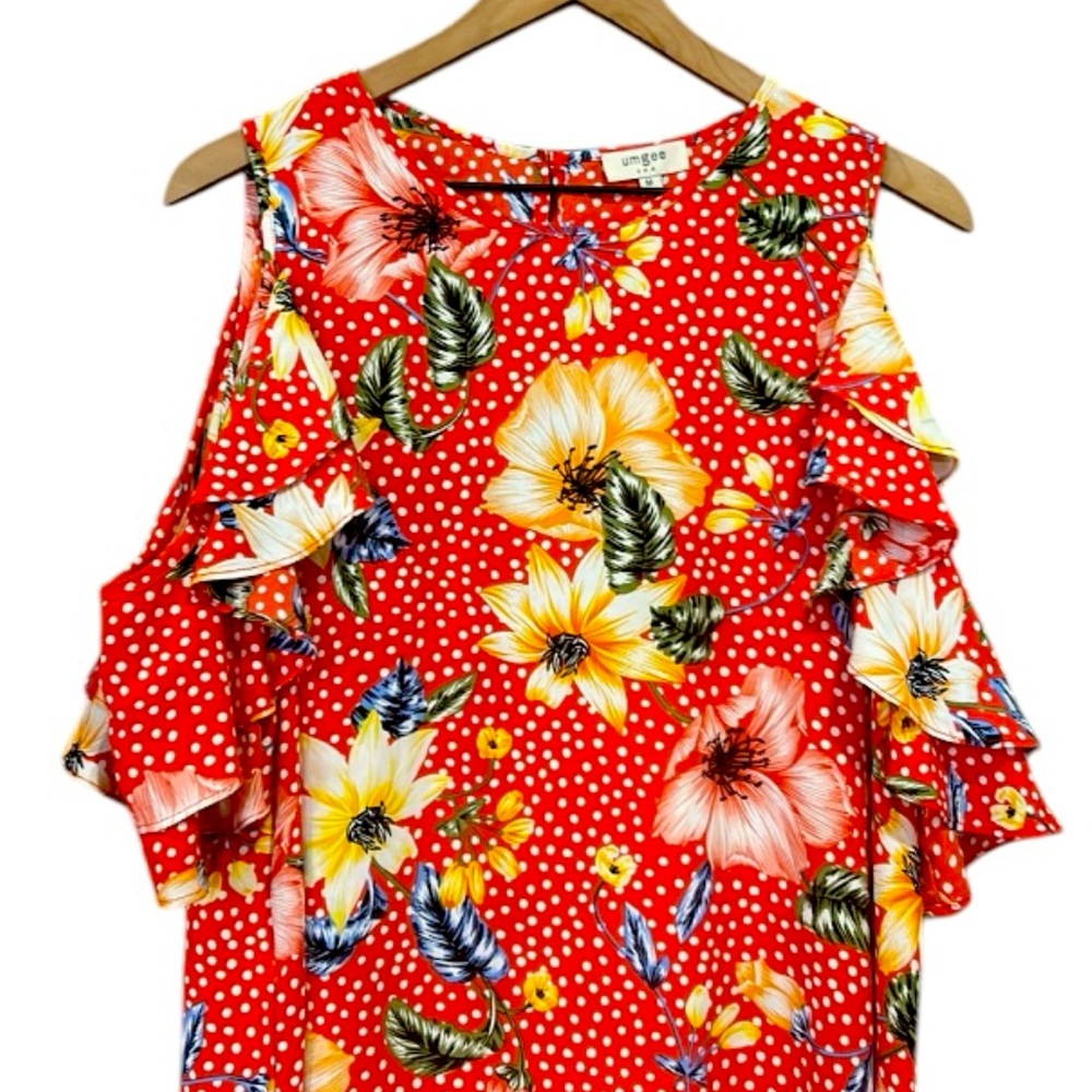 Umgee Floral Polka Dot Off The Shoulder Mini Dress Red Size Medium - Picture 5 of 8